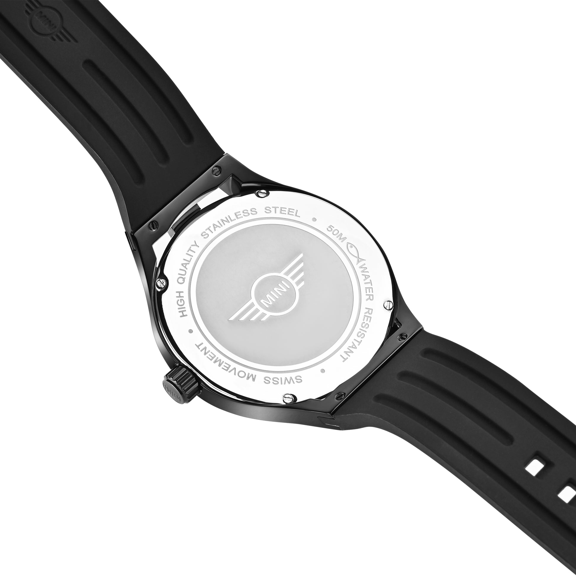 MINI Cooper watch back showing stainless steel case and black rubber strap with brake disc black design