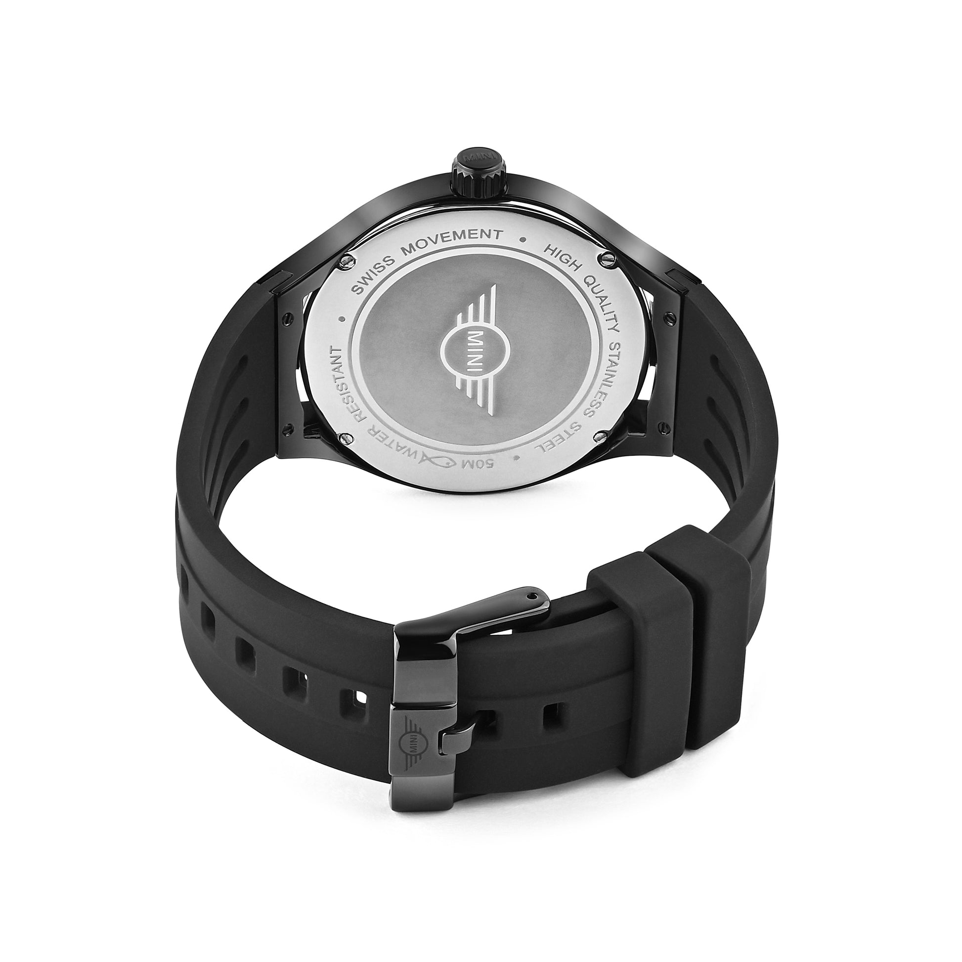 MINI Cooper watch showing back with Swiss movement and black strap featuring Brake Disc - Black design