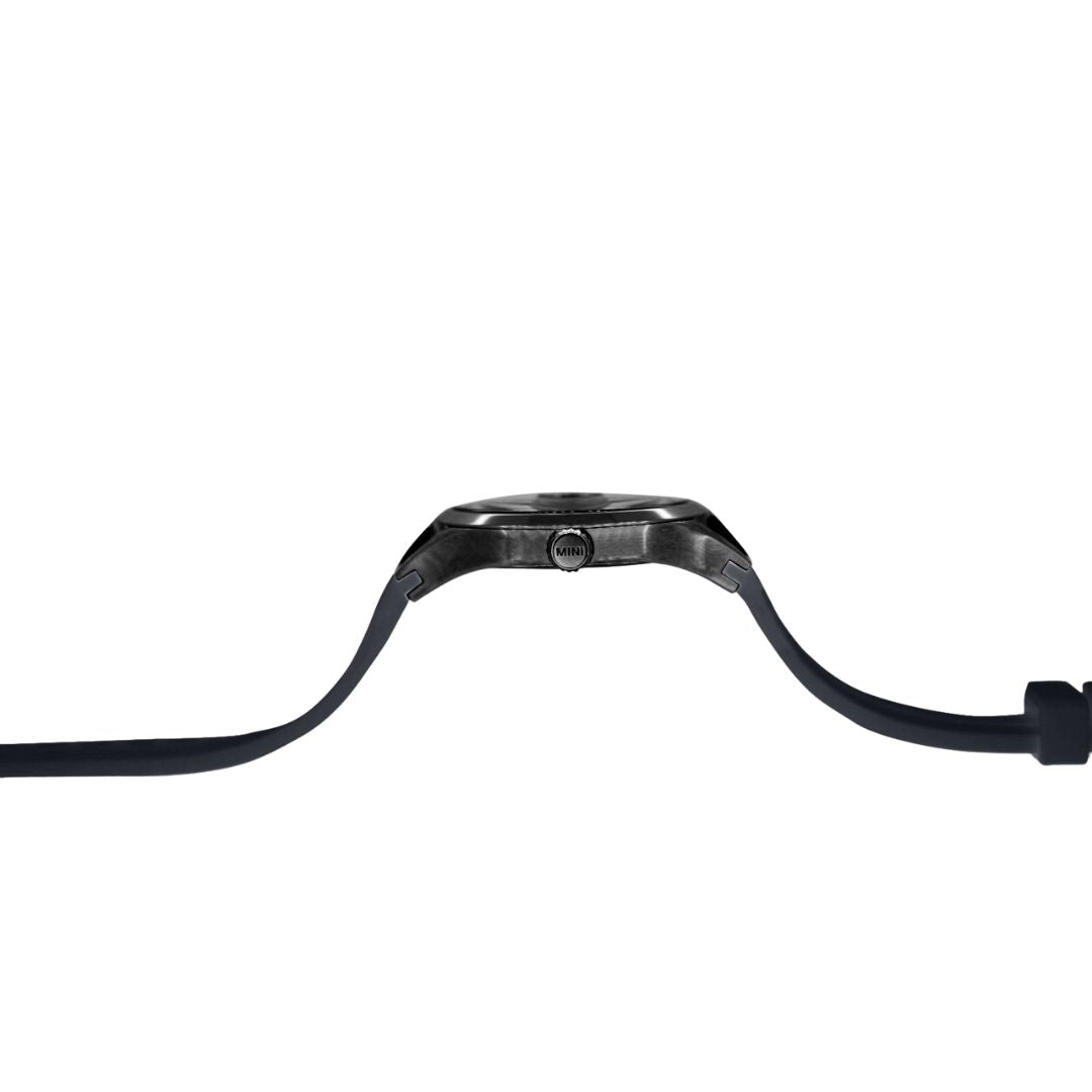 MINI Cooper watch with slim black strap and Brake Disc - Black design side view