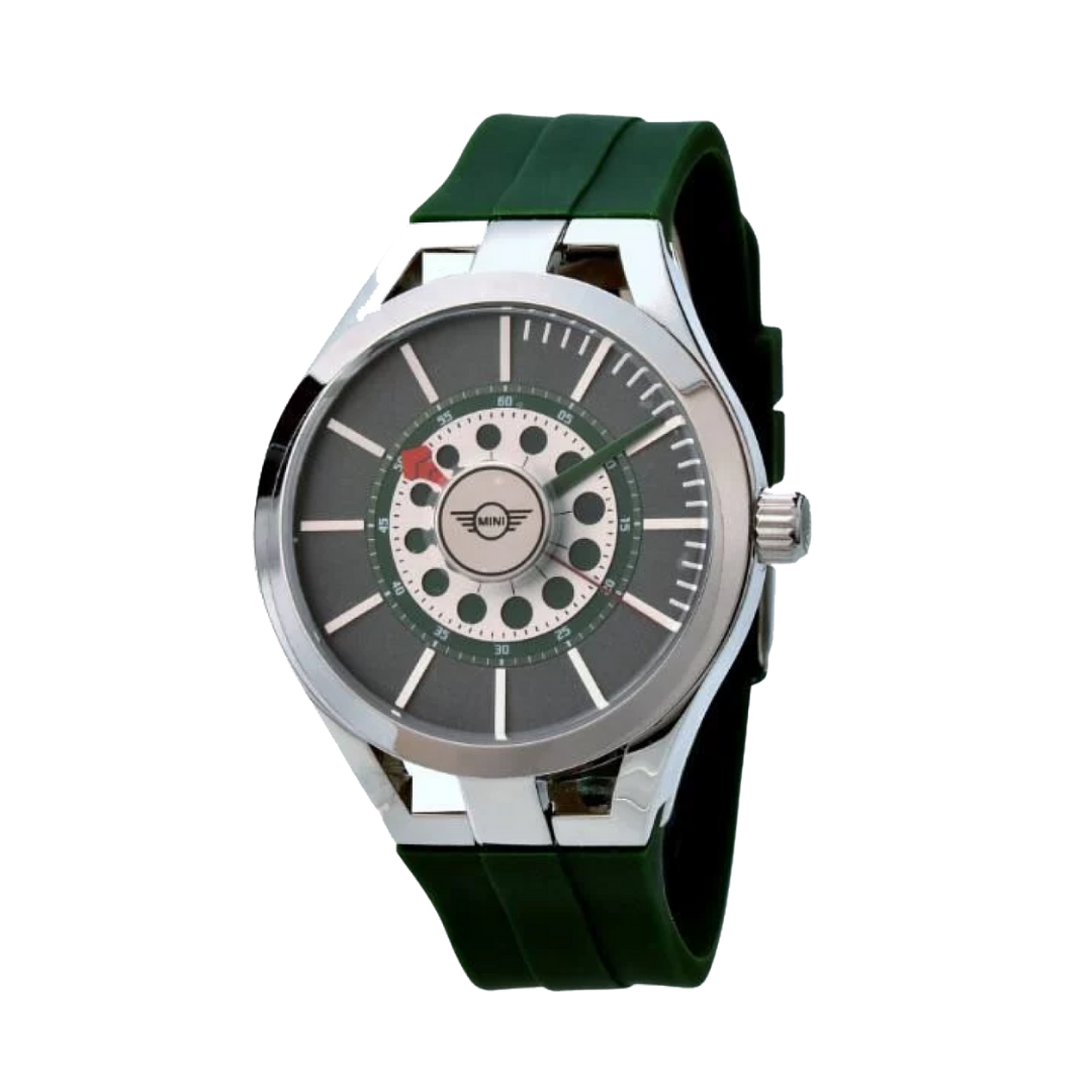 MINI Cooper watch with green strap featuring a Brake Disc - Green design on the dial