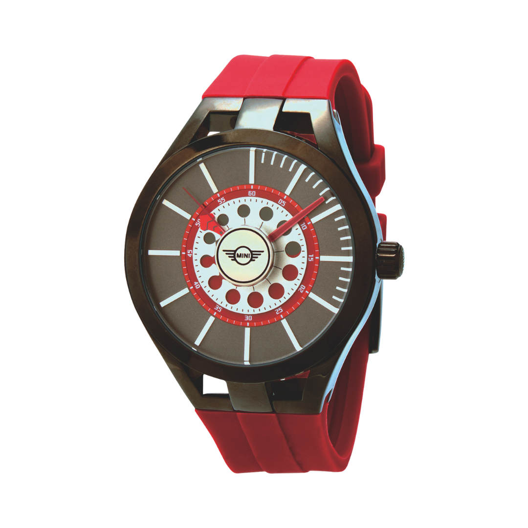 MINI Cooper wristwatch with red silicone strap and Brake Disc - Red inspired dial design