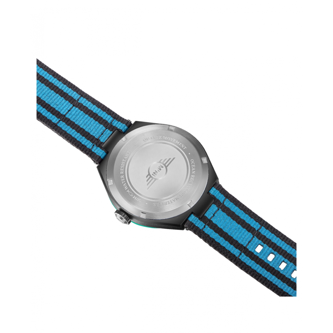 Back view of MINI Cooper Ocean Upcycle - Blue watch featuring a blue and black striped fabric strap