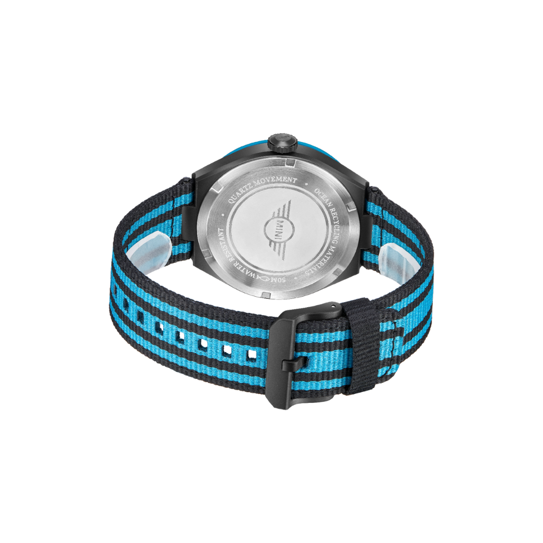 MINI Cooper Ocean Upcycle - Blue watch with black and blue striped fabric strap and metal buckle