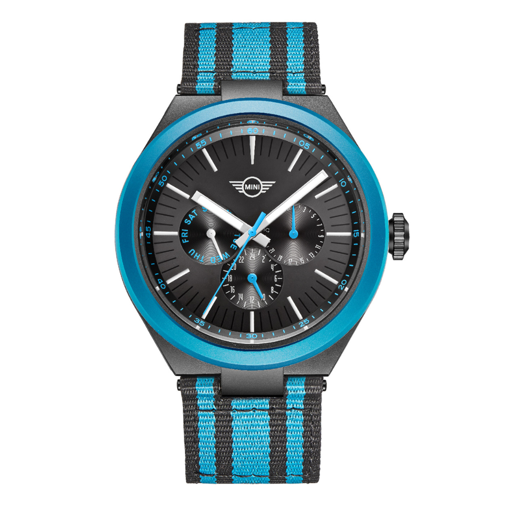 MINI Cooper Ocean Upcycle - Blue watch with black dial and blue accents on striped fabric strap