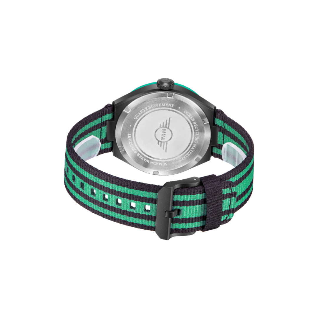 MINI Cooper watch with Ocean Upcycle - Green striped fabric strap and black buckle