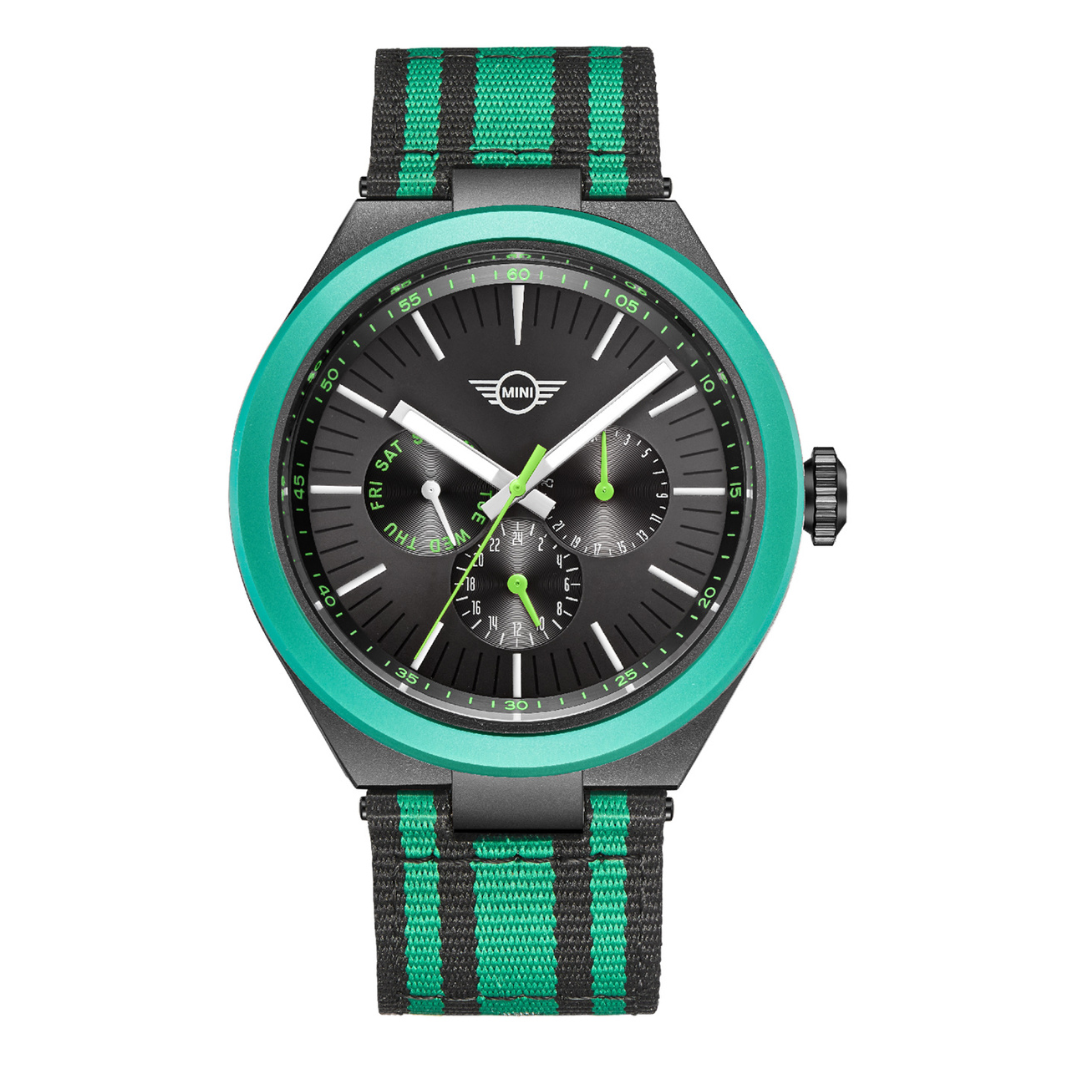 MINI Cooper Ocean Upcycle - Green watch with black dial and green striped fabric strap