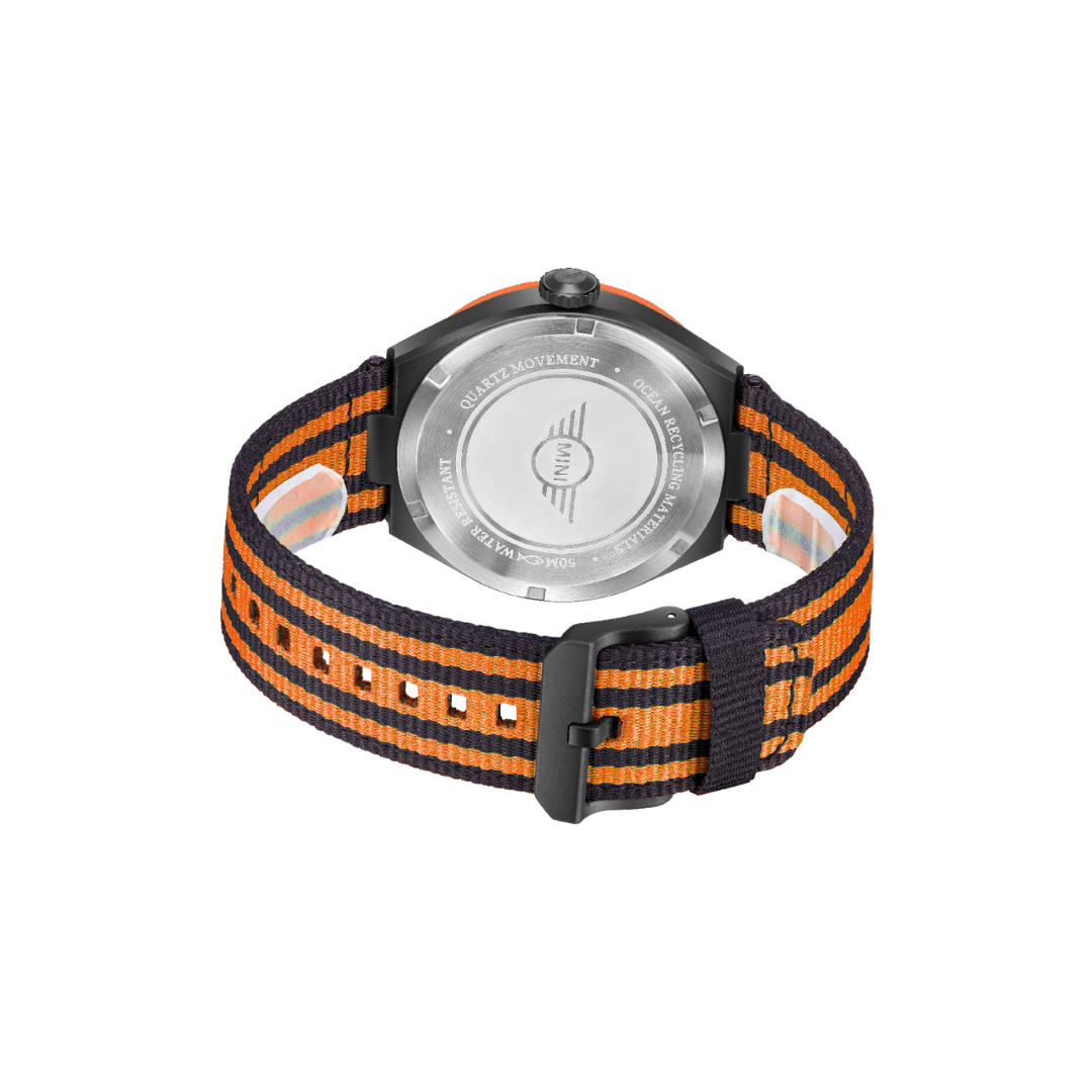 MINI Cooper watch with Ocean Upcycle - Orange striped fabric band and black buckle back view