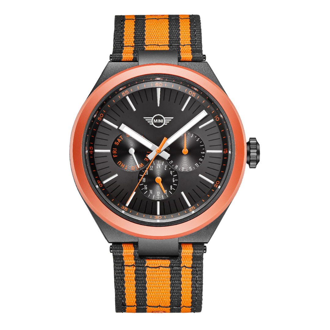 MINI Cooper Ocean Upcycle - Orange watch with black dial and orange striped fabric strap