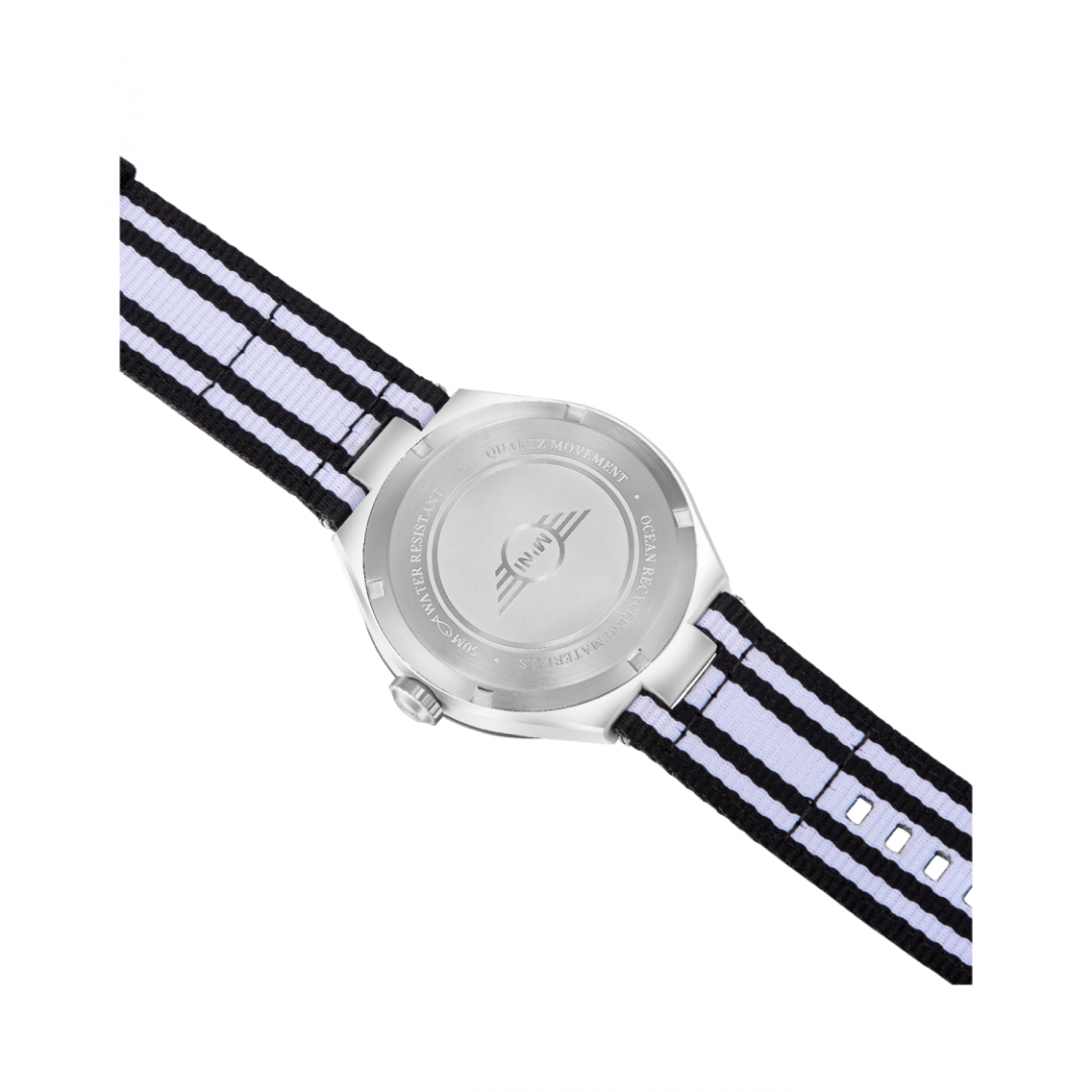 MINI Cooper Ocean Upcycle White watch with striped black and white fabric strap showing back case