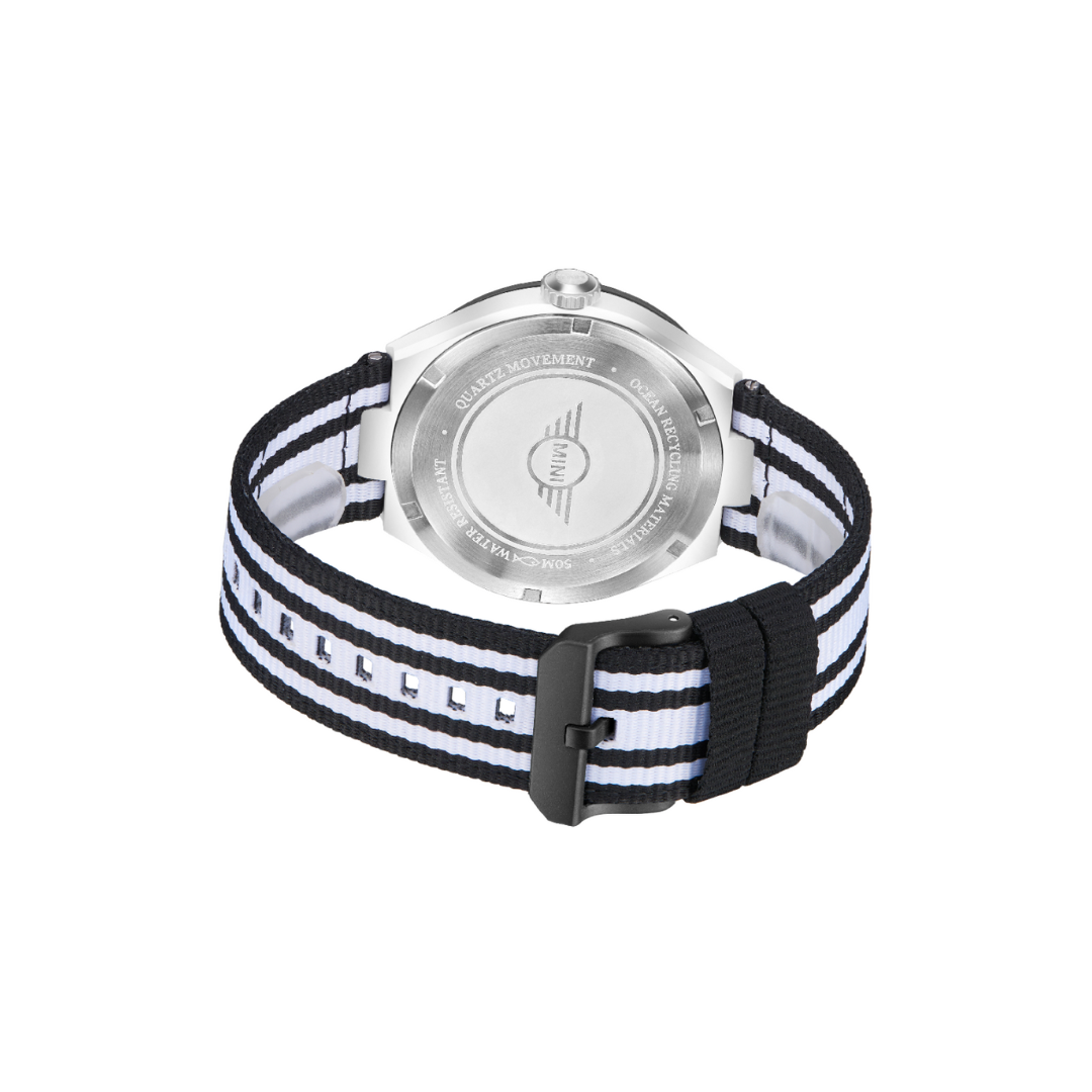 Back view of MINI Cooper Ocean Upcycle - White watch with black and white striped fabric strap and stainless steel case