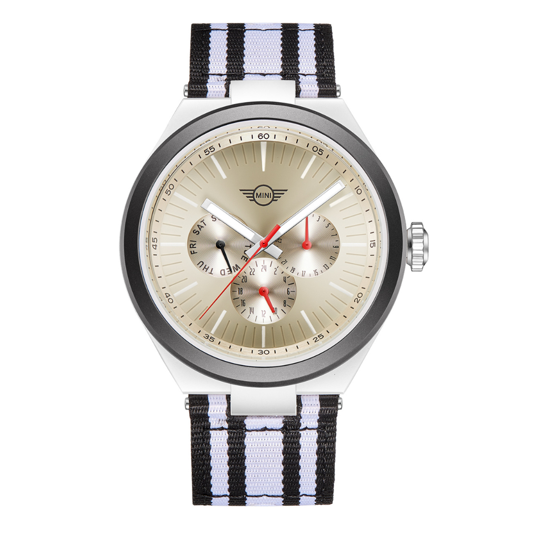 MINI Cooper Ocean Upcycle - White watch with beige dial and black white striped fabric strap