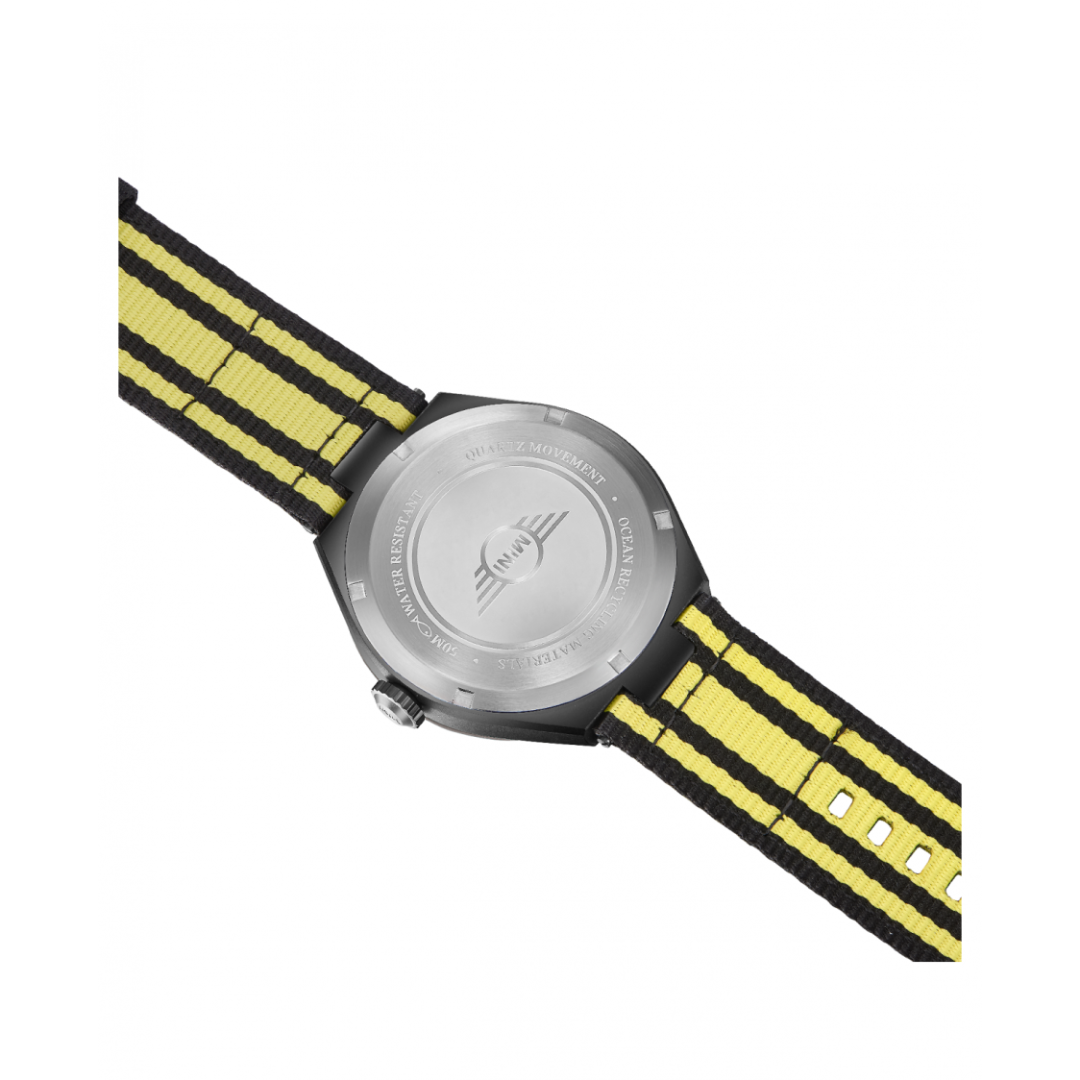 Back view of MINI Cooper Ocean Upcycle - Yellow watch with black and yellow striped strap