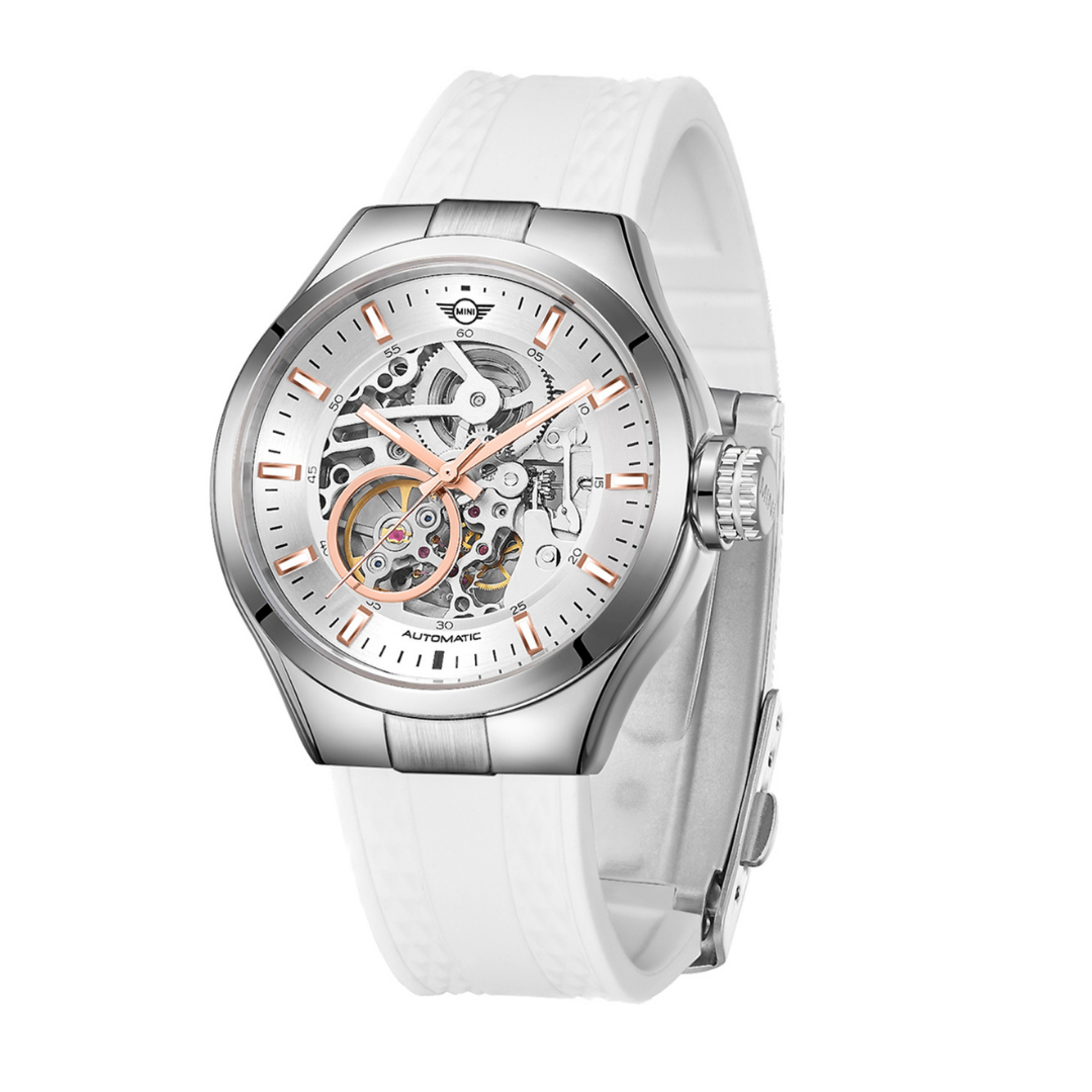 MINI Cooper Skeleton Silicon Strap - White watch with silver case and visible mechanical movement