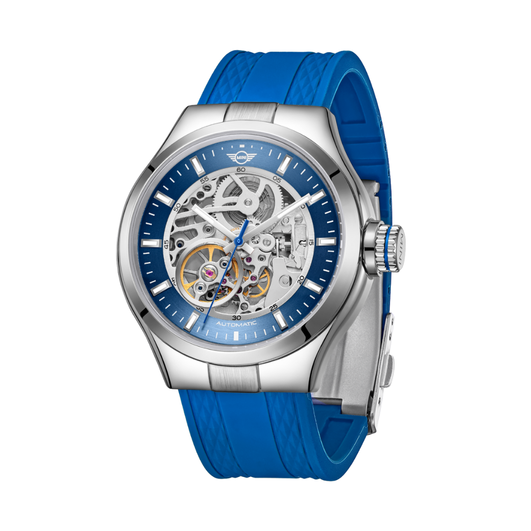 MINI Cooper watch featuring Skeleton Silicone Strap - Blue and a silver skeleton dial with automatic movement