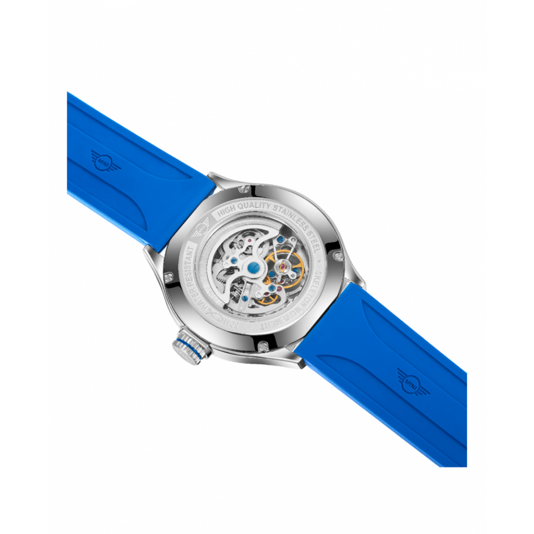 MINI Cooper watch with Skeleton Silicone Strap - Blue showcasing intricate mechanical skeleton design