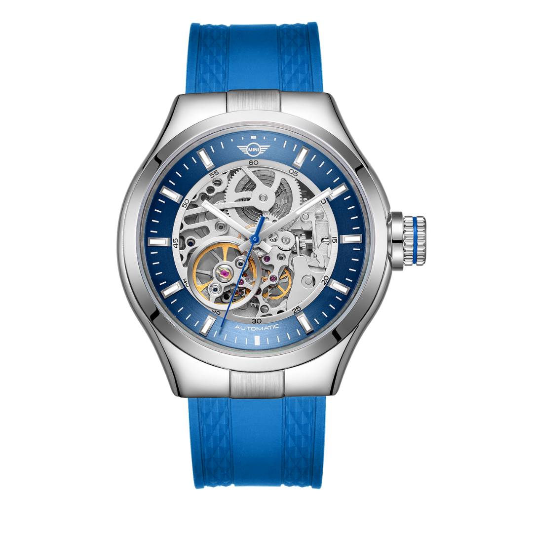 MINI Cooper skeleton watch with Skeleton Silicone Strap - Blue and visible mechanical movement