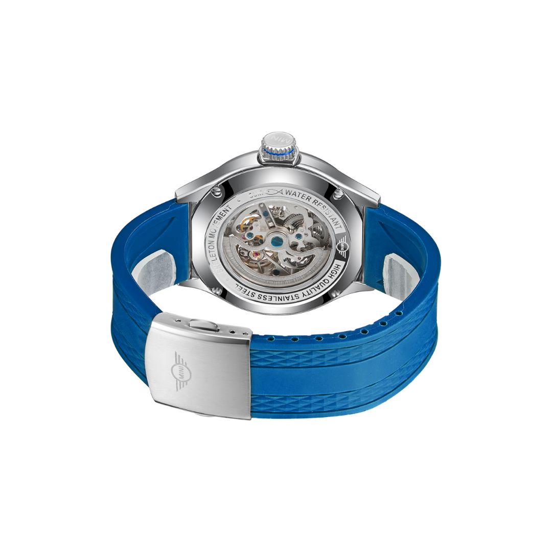 MINI Cooper watch featuring Skeleton Silicone Strap - Blue with visible mechanical movement and stainless steel clasp