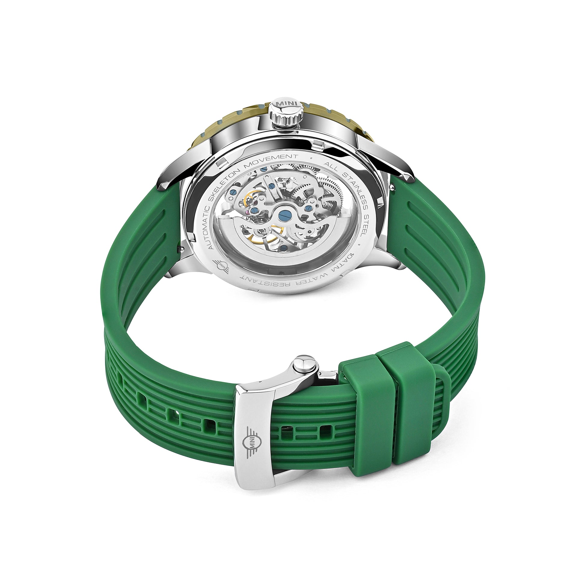 MINI Cooper watch with Skeleton Wheel Dial Silicone Strap - Green and visible automatic movement back