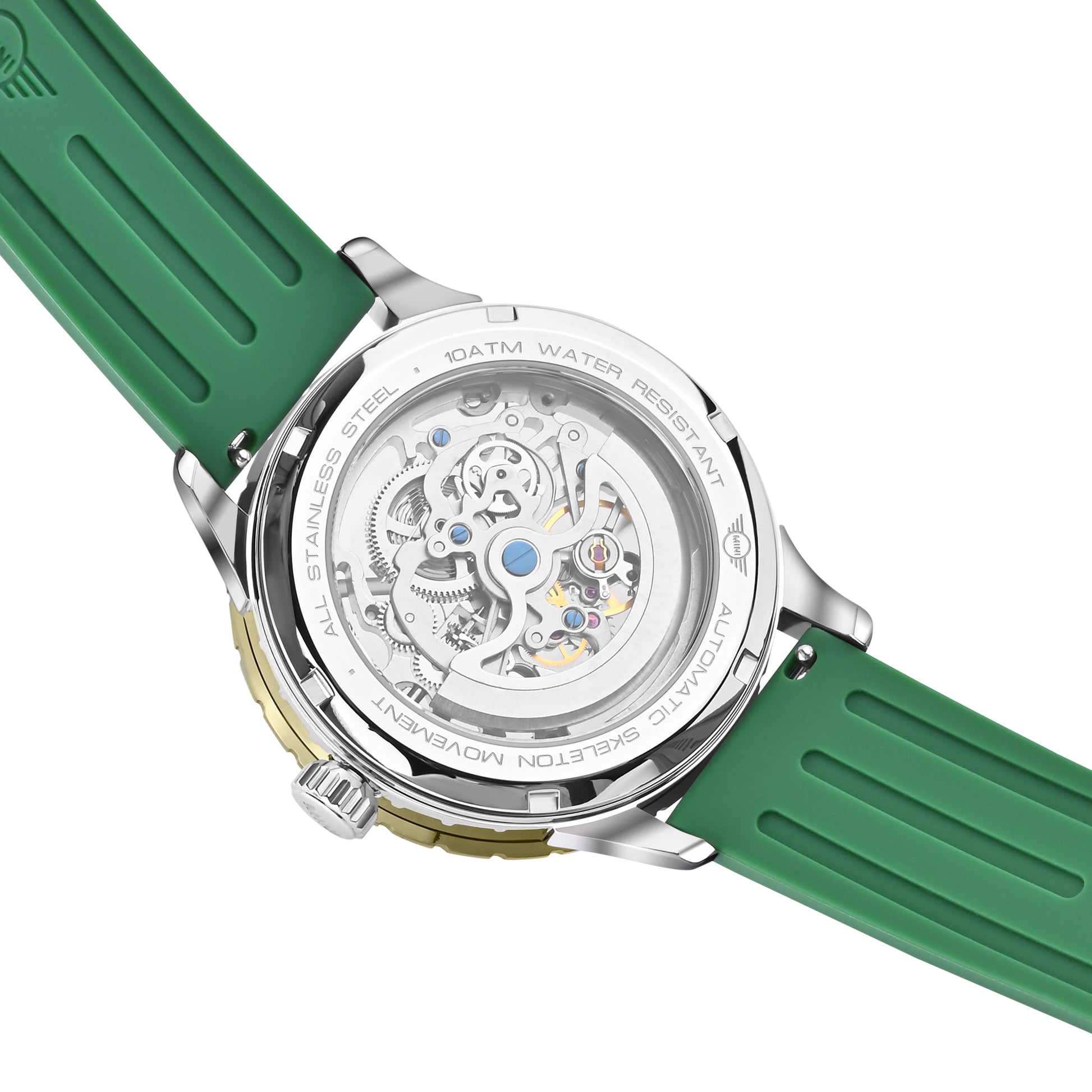 MINI Cooper watch with Skeleton Wheel Dial Silicone Strap - Green showing automatic movement and stainless steel back