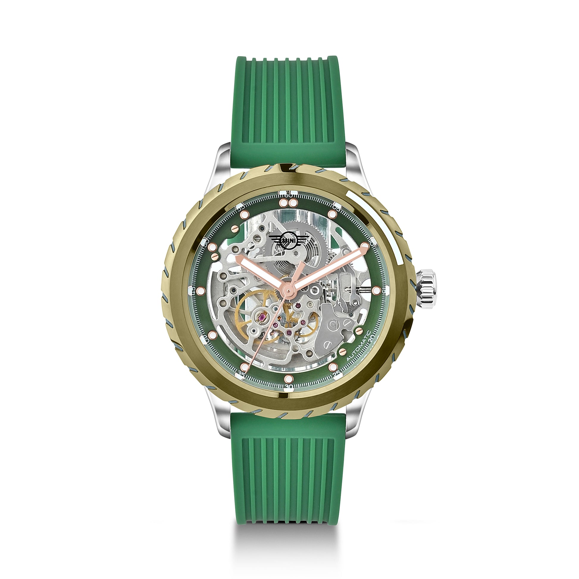 MINI Cooper Skeleton Wheel Dial Silicone Strap - Green watch with clear dial and green strap