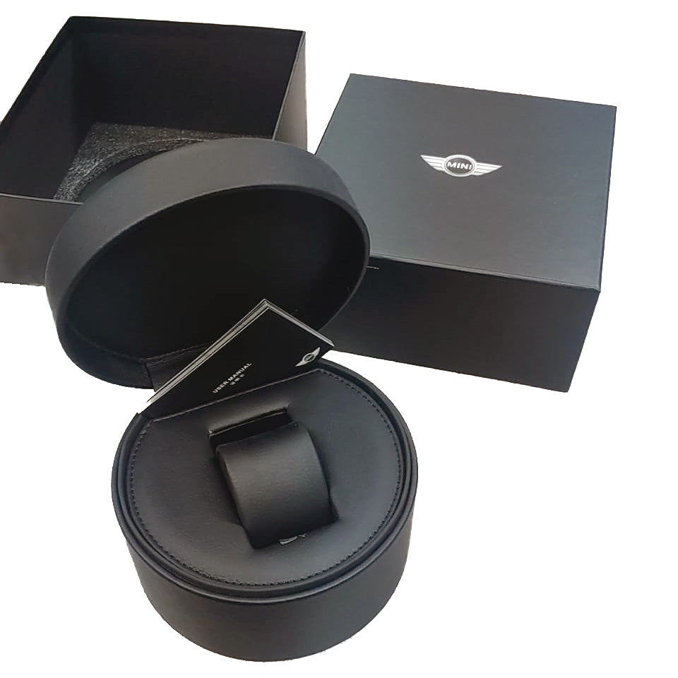 MINI Cooper Skeleton Wheel Dial Silicone Strap - Green watch packaging with black round and square boxes