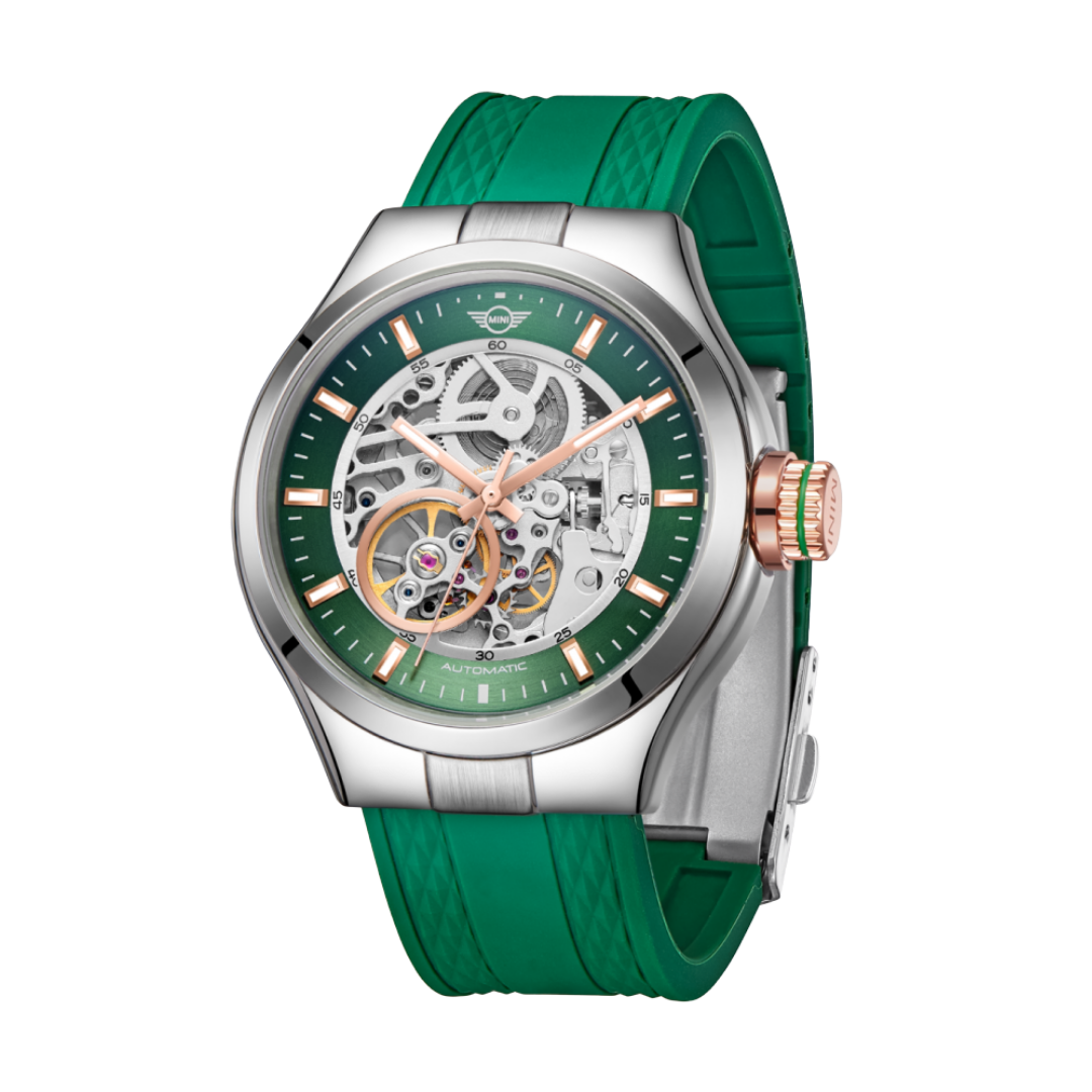MINI Cooper watch with Skeleton Silicone Strap - Green and silver case showing mechanical movement