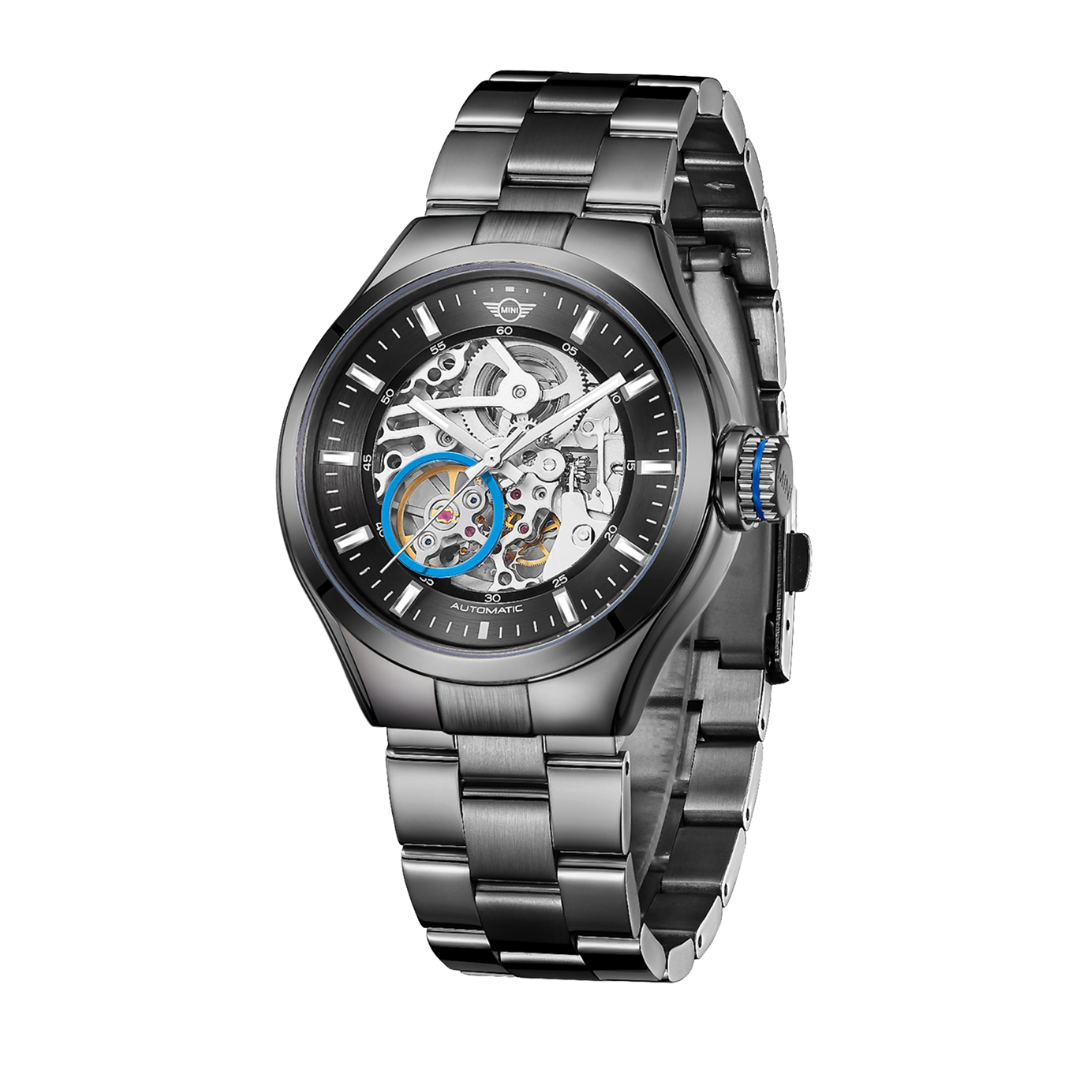 MINI Cooper Skeleton (Steel Bracelet) - Black watch with visible mechanical movement and silver metal band