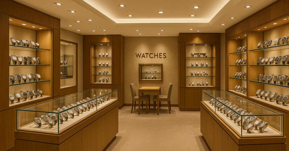 Display of affordable watches under $300 in a well-lit, modern wooden watch store interior