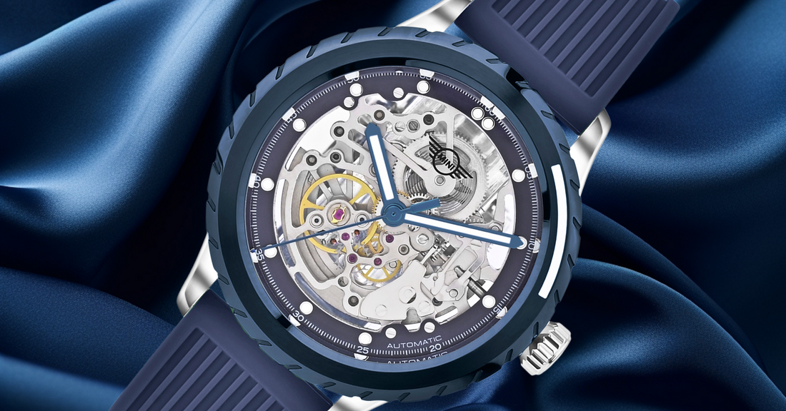 MINI Cooper automatic watches under $500 with detailed skeleton and wheel dial design