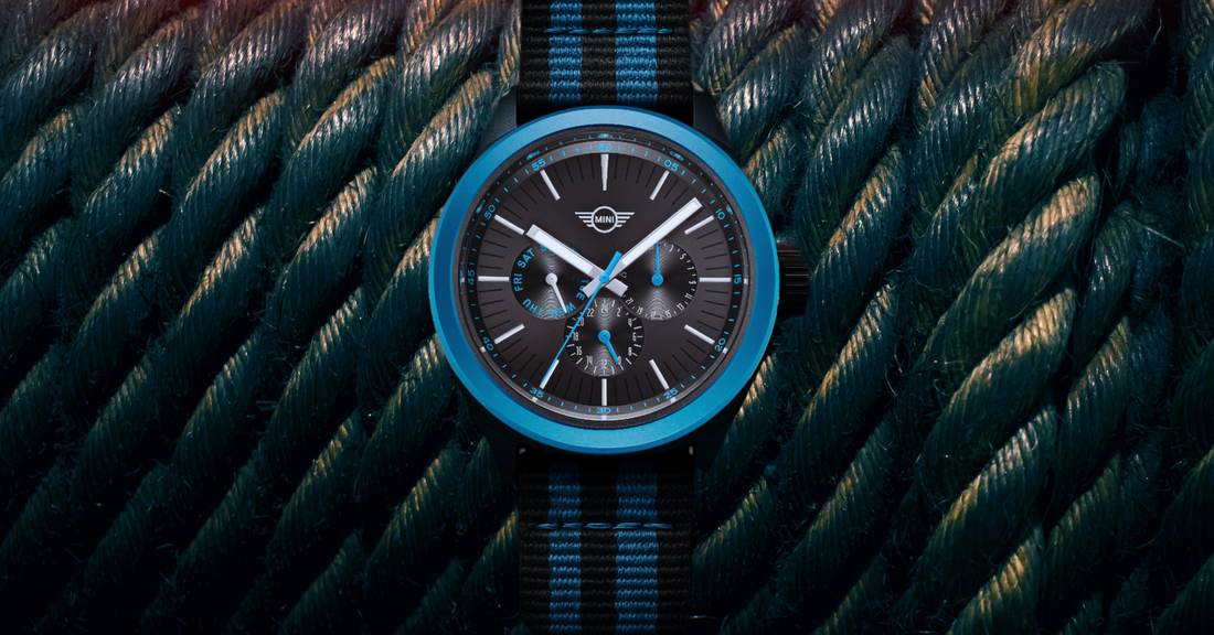 Close-up of a MINI watch with black and blue design showing how to style your MINI watch