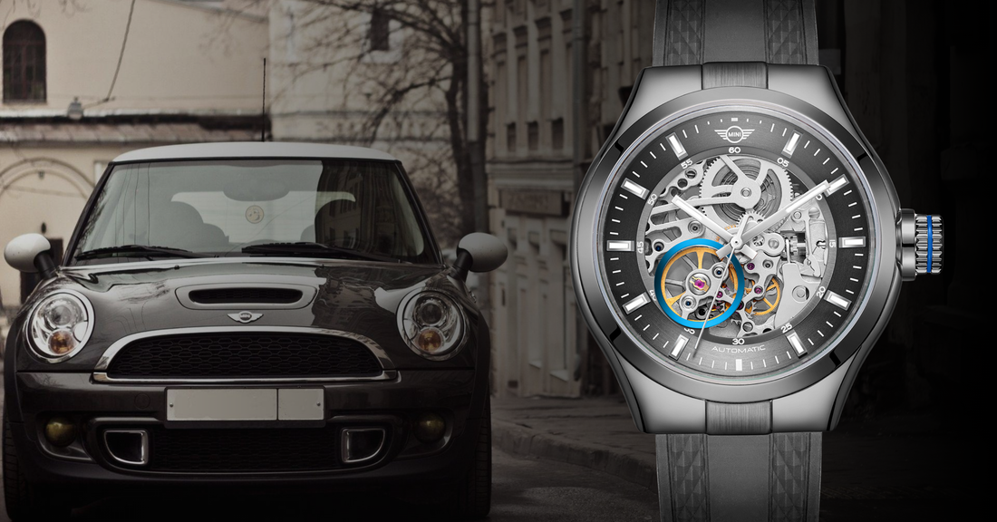 MINI Cooper Cars and Their Watch Counterparts featuring a black MINI Cooper car and a detailed skeleton watch side by side