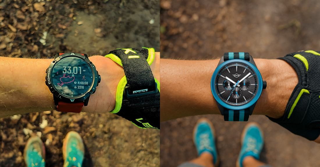 Comparison of sporty fitness tracker and MINI Cooper Ocean Upcycle watch showing Fitness Tracker Alternatives 2025