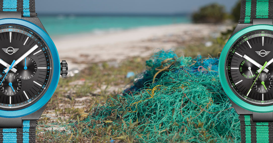 Ocean Upcycle Watch by MINI with recycled fishing net material displayed on a beach background