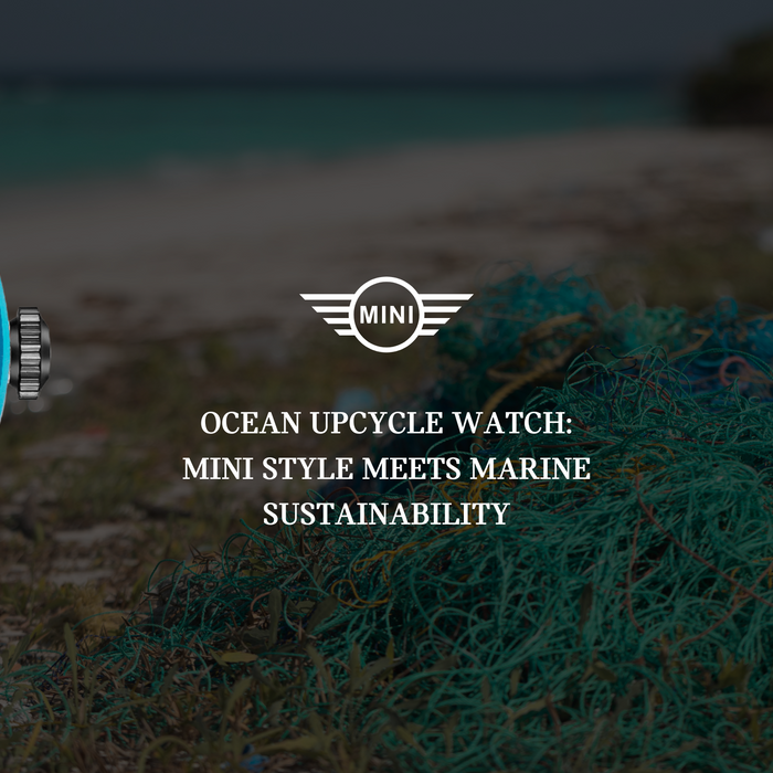 MINI Ocean Upcycle watch on beach rock at sunset.