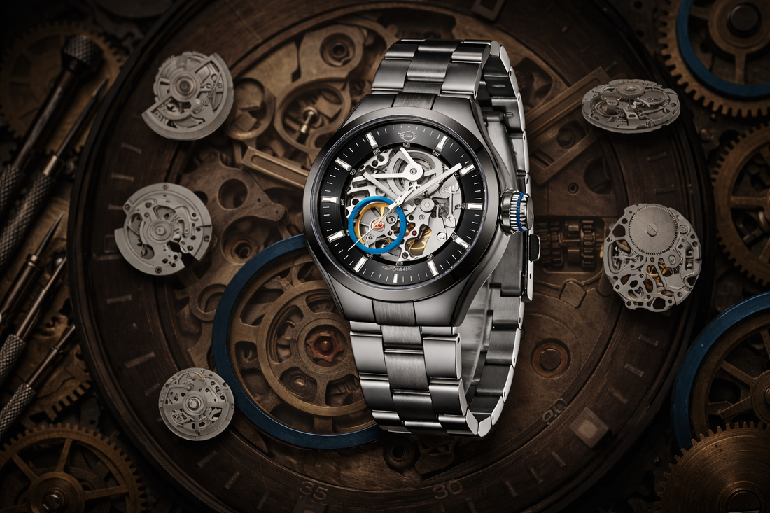 Skeleton automatic watch with stainless steel bracelet and exposed mechanical movement placed over watch gears and components.
