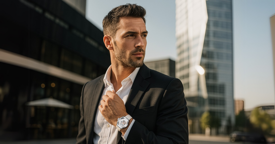 Stylish man wearing a white watch for men with a modern urban background and business attire