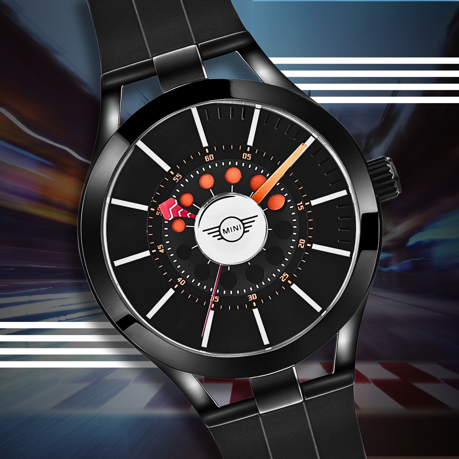 Close-up of a black modern watch with unique dial design in the Brake Disc Collection