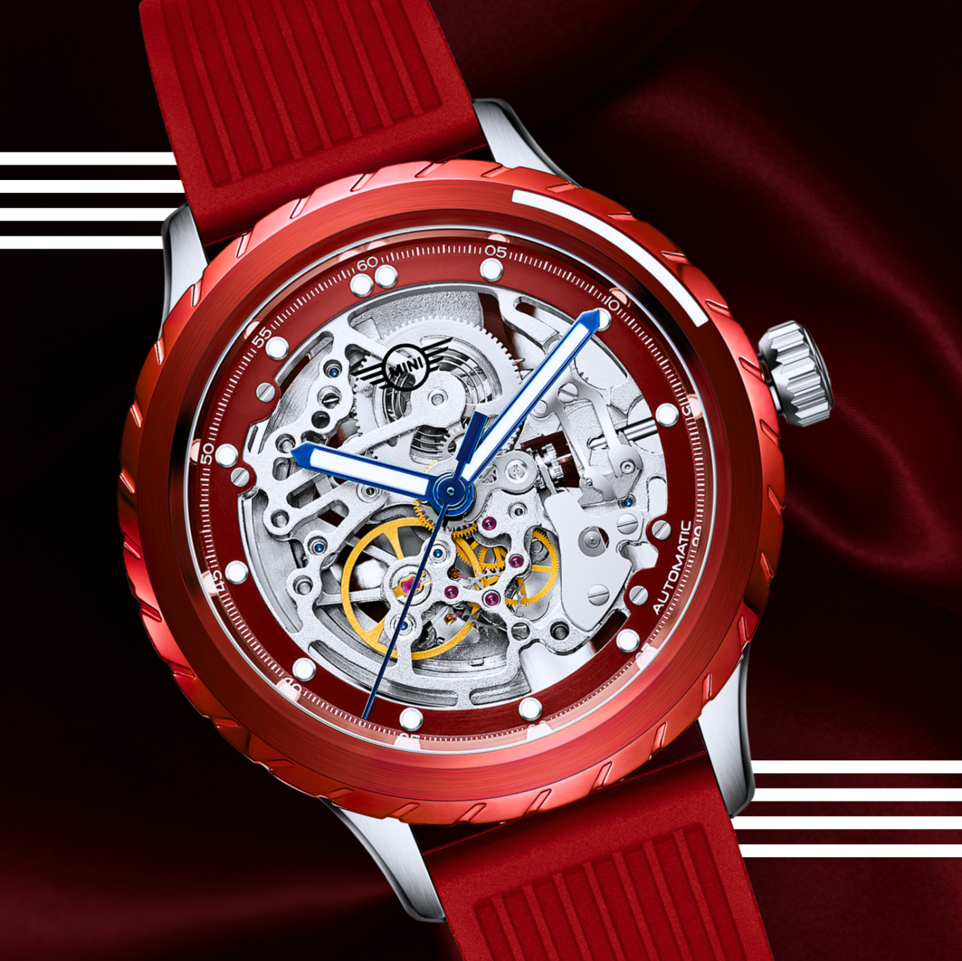 Wheel Dial Automatic watch with red bezel and strap showing intricate inner mechanical movements