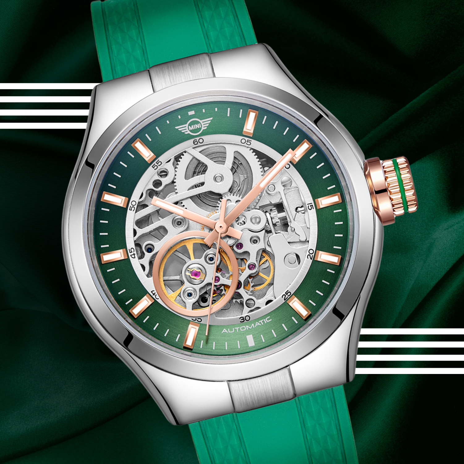 Skeleton Automatic Collection watch with green dial and strap showcasing exposed mechanical gears and rose gold accents