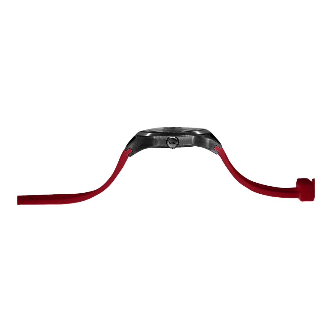 MINI Cooper watch with red strap and black case featuring Brake Disc - Red design