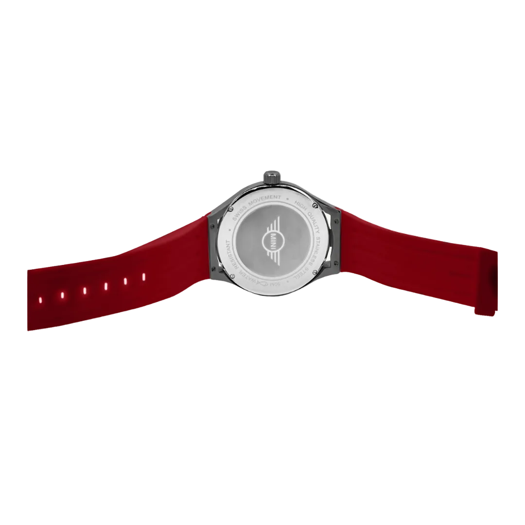 MINI Cooper watch with vibrant red strap and Brake Disc - Red design on the back case