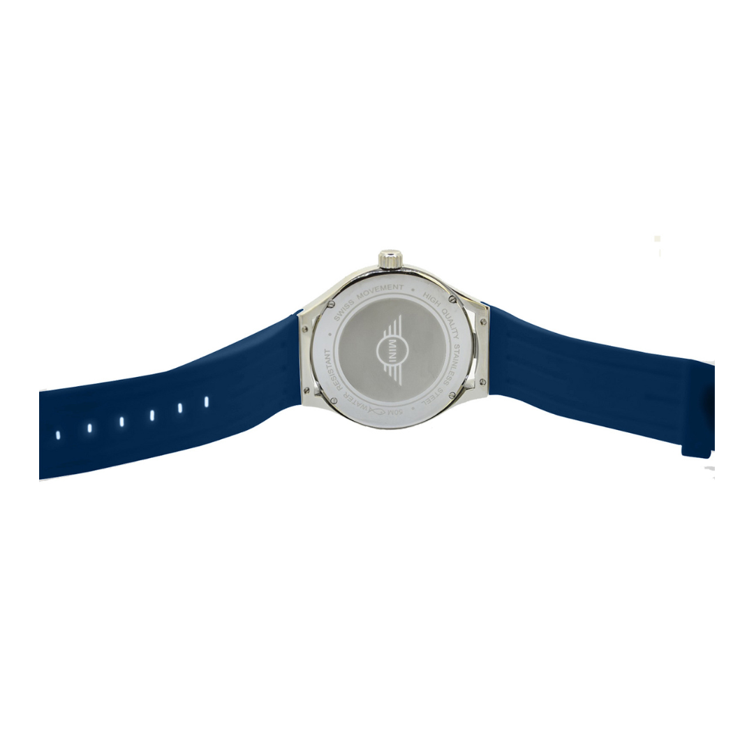 MINI Cooper watch featuring a Brake Disc - Blue silicone strap and silver case back with logo