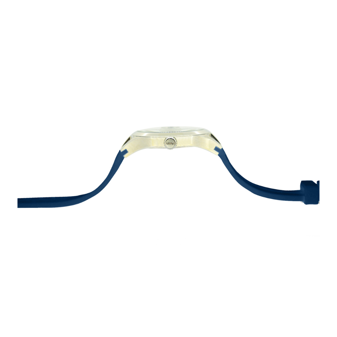 MINI Cooper watch side view with blue strap featuring Brake Disc - Blue design