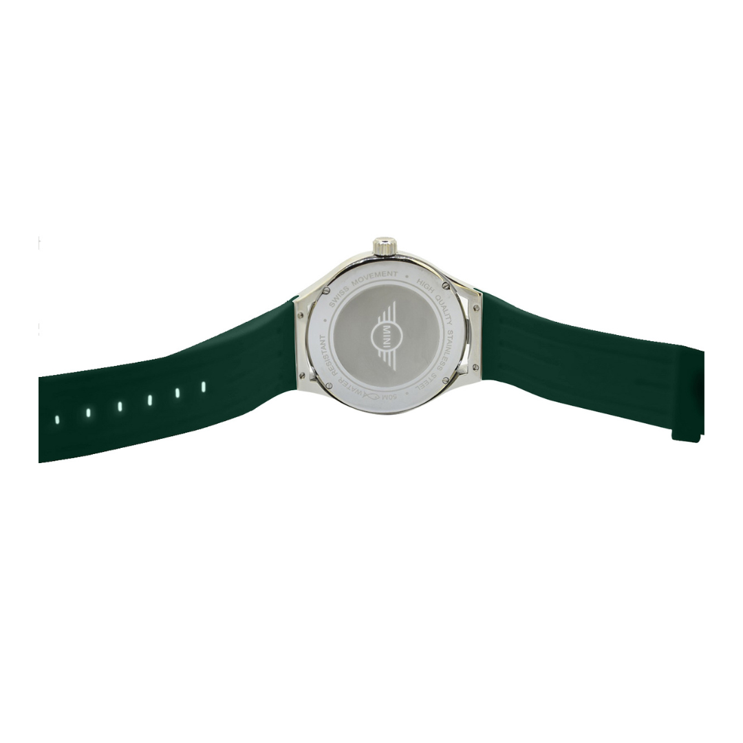 MINI Cooper watch with green silicone strap and Brake Disc - Green design on the back