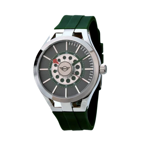 MINI Cooper watch with green strap featuring a Brake Disc - Green design on the dial