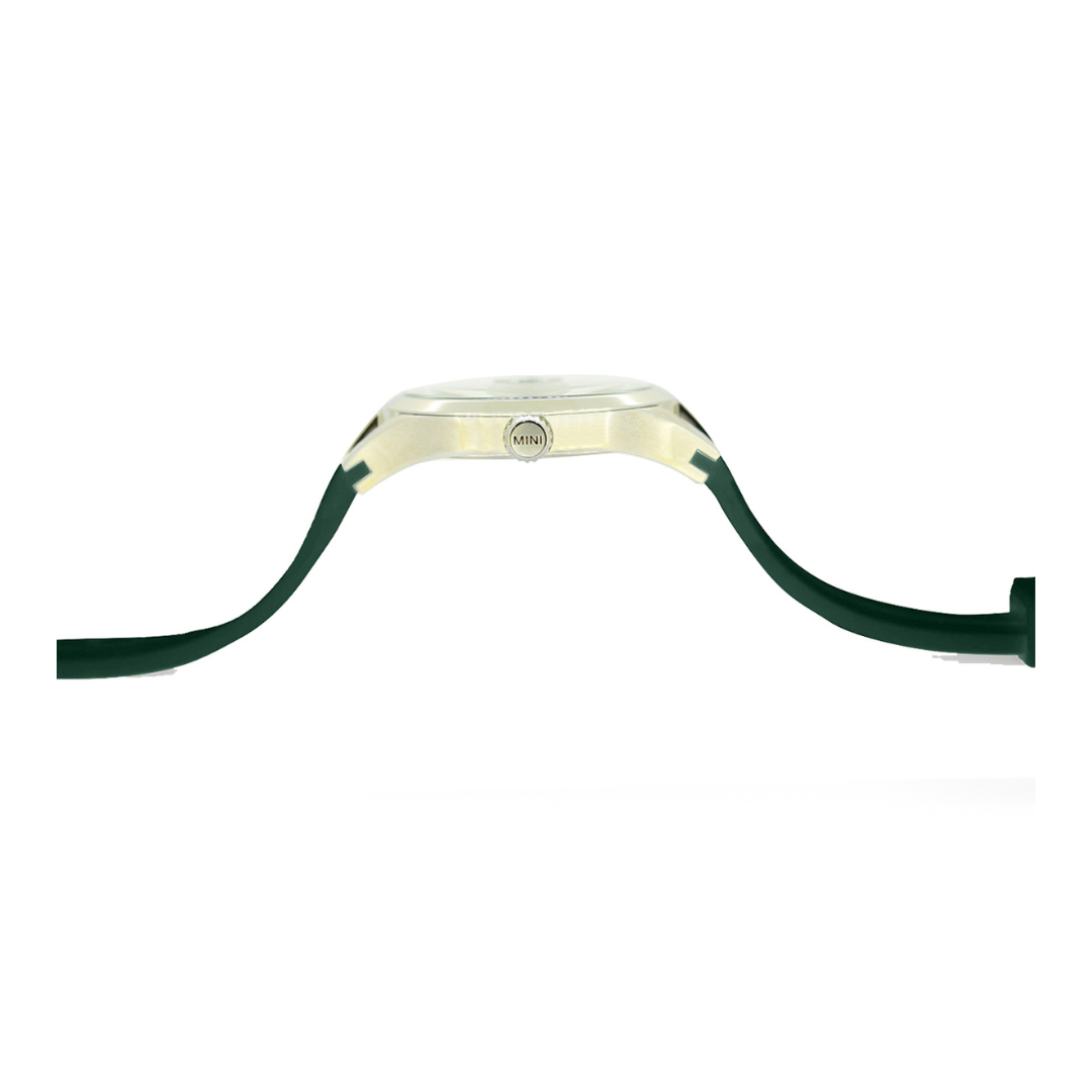 MINI Cooper watch with green strap and Brake Disc Green design on the side view