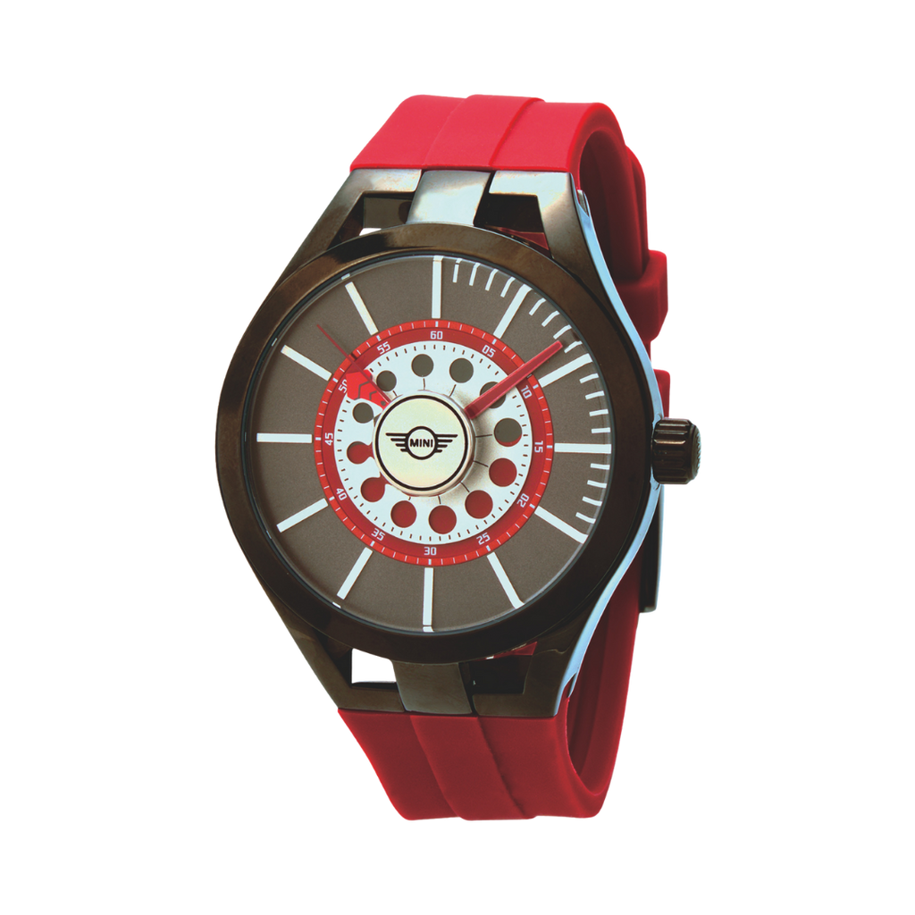 MINI Cooper wristwatch with red silicone strap and Brake Disc - Red inspired dial design
