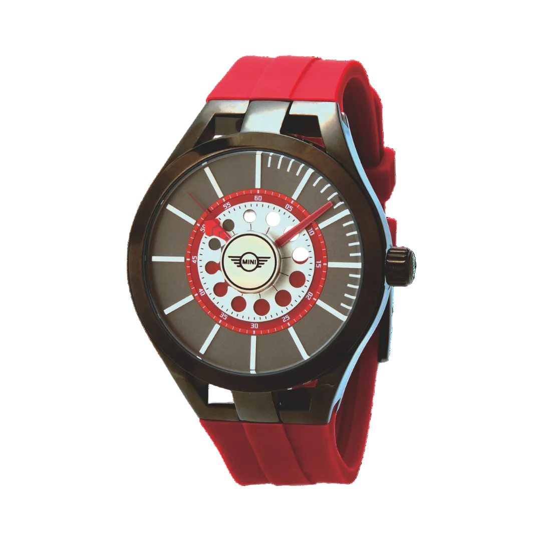 MINI Cooper wristwatch with red silicone strap and Brake Disc - Red inspired dial design