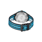 MINI Cooper Ocean Upcycle - Blue watch with black and blue striped fabric strap and metal buckle