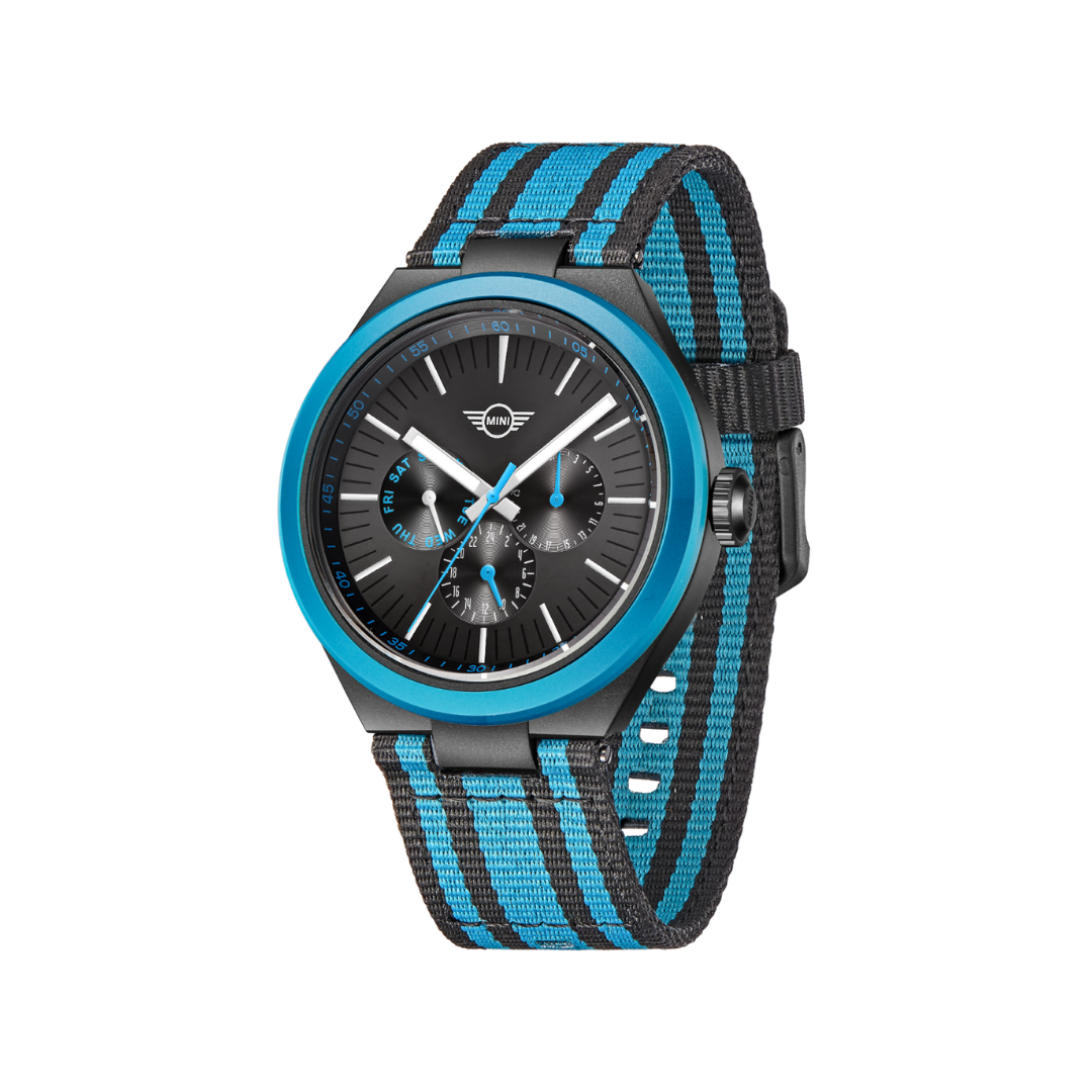 MINI Cooper Ocean Upcycle - Blue watch with black dial and blue striped fabric strap